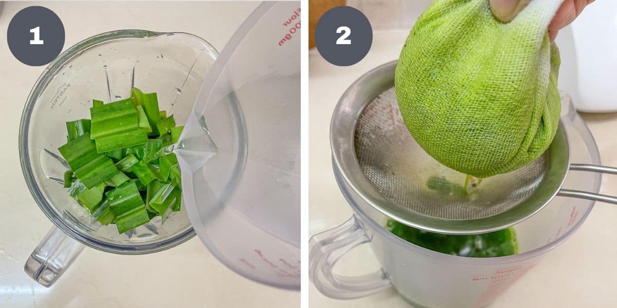 Pouring water into a blender jug of cut pandan leaves and straining pandan juice with a cloth.