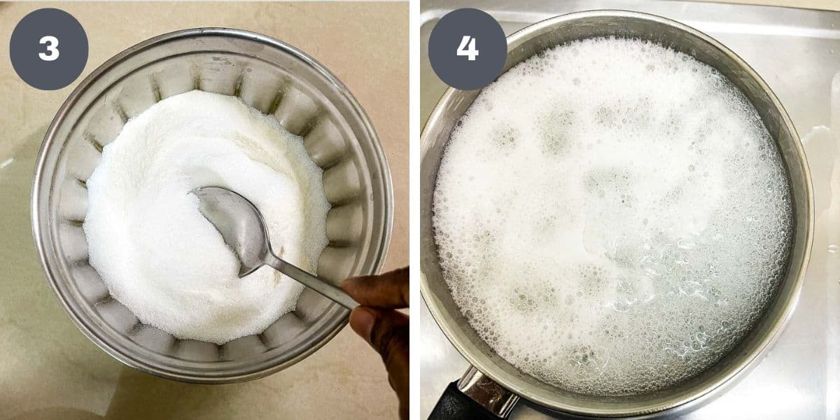 Mixing sugar and agar agar powder with a spoon and a pot of boiling jelly solution.