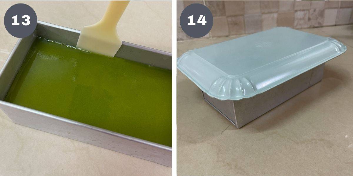Using a spatula to loosen the sides of jelly in a loaf tin and a green plate covering a loaf tin.