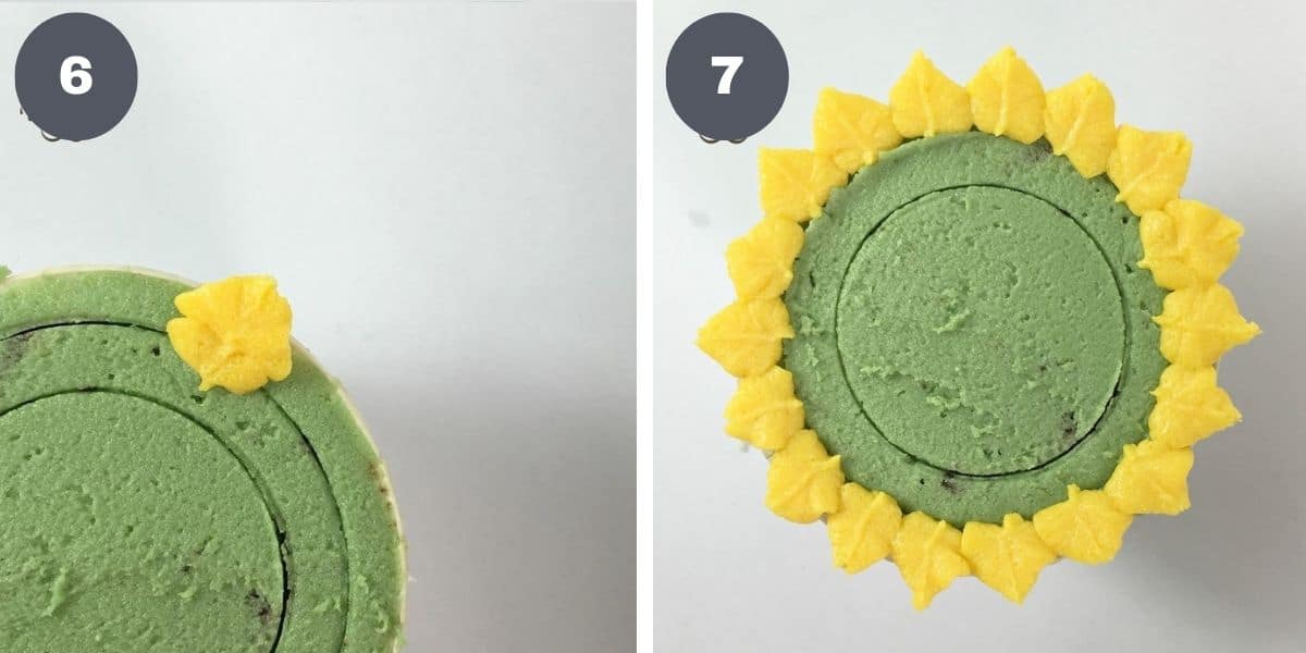 Yellow petals on green cupcakes.