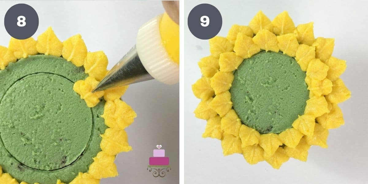 Piping yellow petals on green cupcakes.