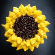 A cupcake decorated with yellow piped petals and brown sprinkles center.