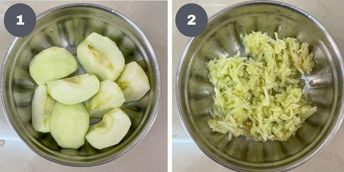 Peeled and quartered green apples and a bowl of grated apple.