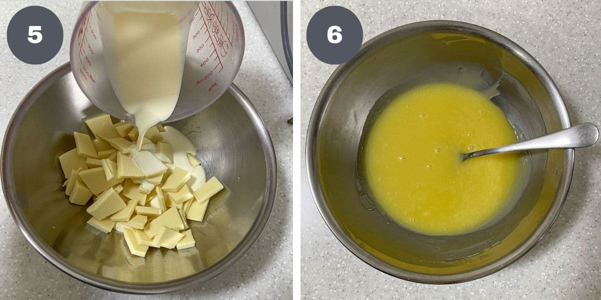 Pouring cream into a bowl of white chocolate pieces and a bowl of melted white chocolate.