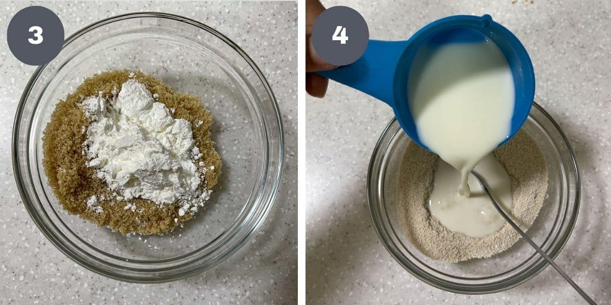 Brown sugar and corn starch in a bowl and pouring milk into it.