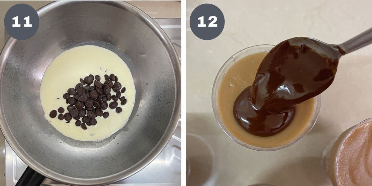 Chocolate and cream in a bowl and pouring chocolate onto pudding.