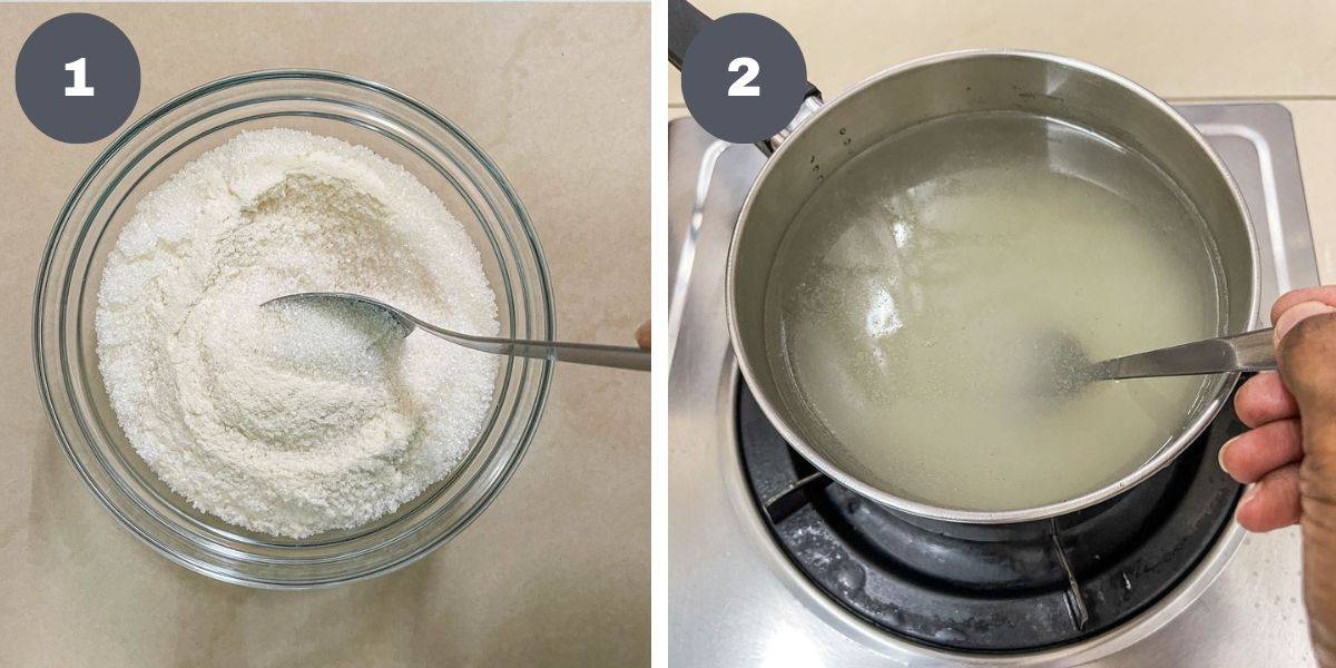 Mixing sugar and agar agar powder in a bowl and a saucepan filled with water, sugar and agar agar powder.