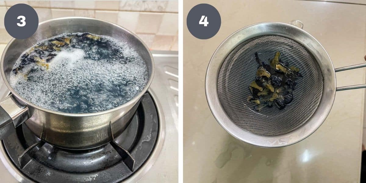 Butterfly pea flowers in boiling water and strained butterfly pea flowers in a sieve.