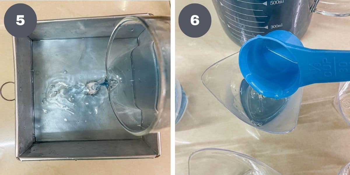 Pouring butterfly pea jelly into a square tin and small cups.
