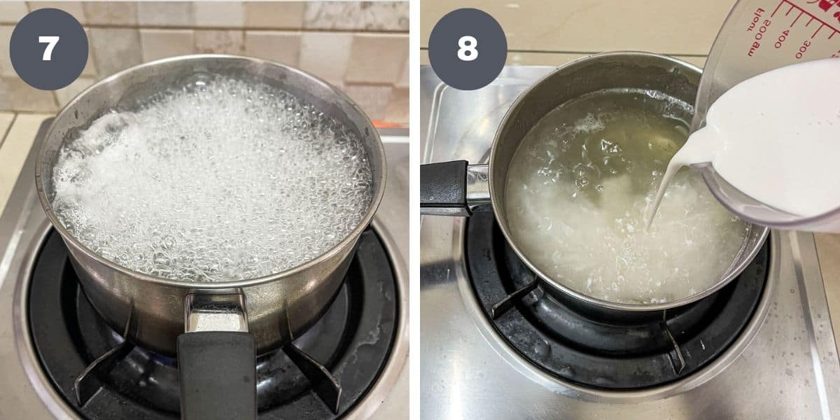 Liquid boiling in a saucepan and adding coconut milk into a saucepan of liquid.