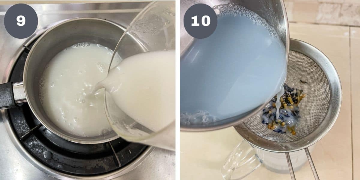 Pouring white jelly solution into a saucepan and straining butterfly pea flowers from agar agar solution with a sieve.