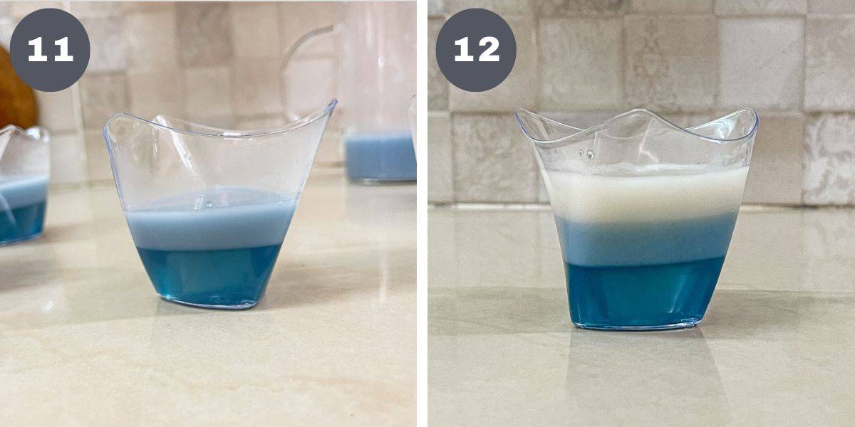 2 layers of jelly in a cup and 3 layers of blue and white jelly in a cup.