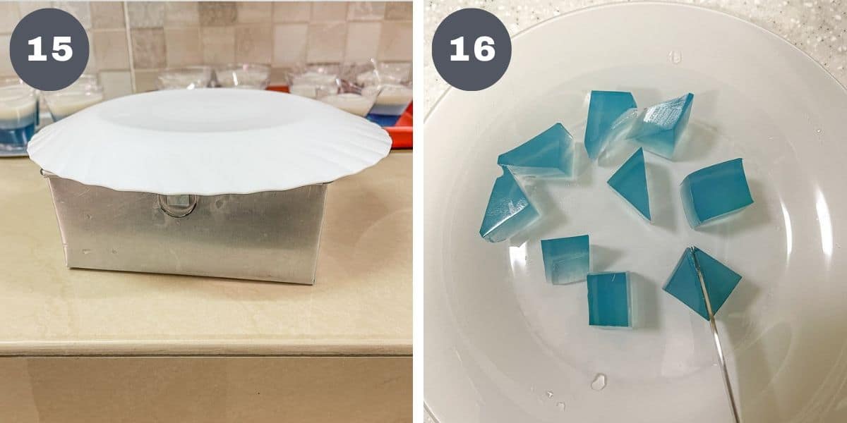 A white plate over a square tin and blue jelly cut into small cubes.