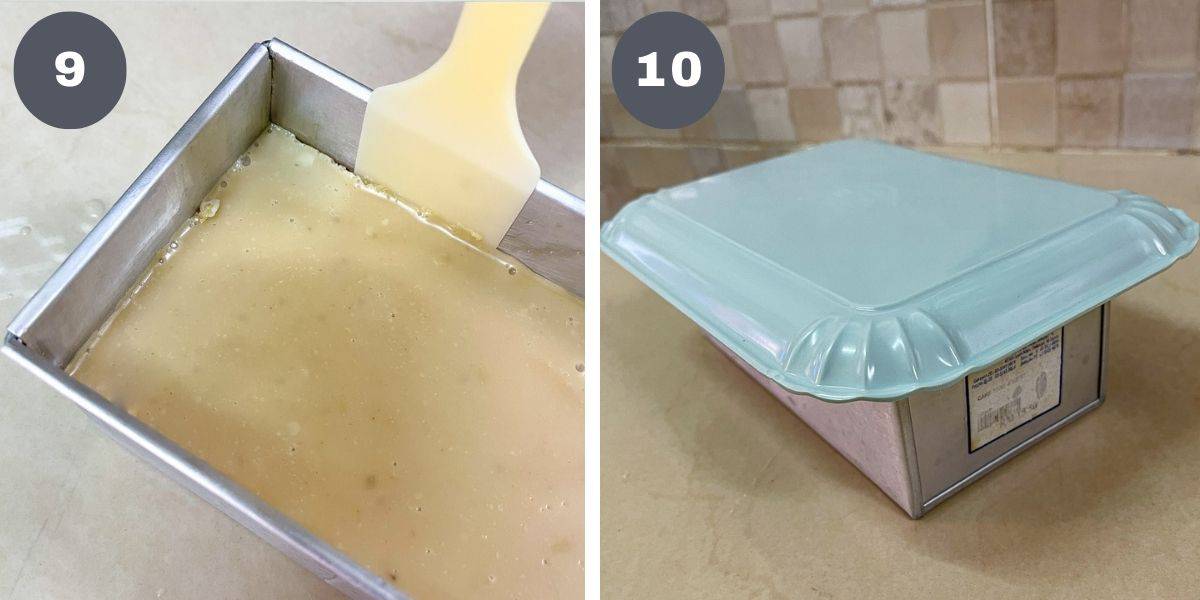 Using a spatula to loosen the sides of a jelly from the mold and a green tray on a rectangle tin.