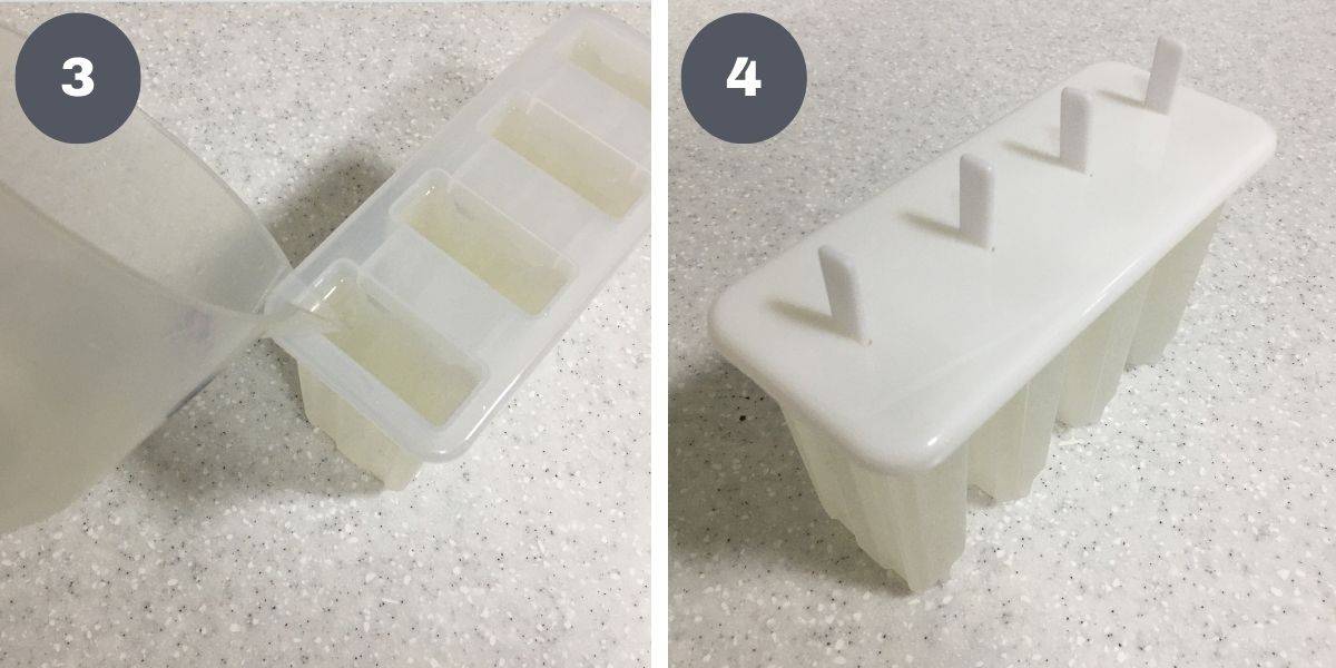 Pouring lime juice into popsicles mold and covering the molds with a white cover.