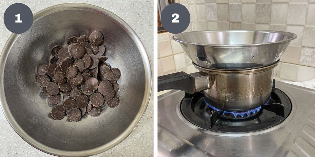 Chocolate buttons in a bowl and a double boiler on stove.