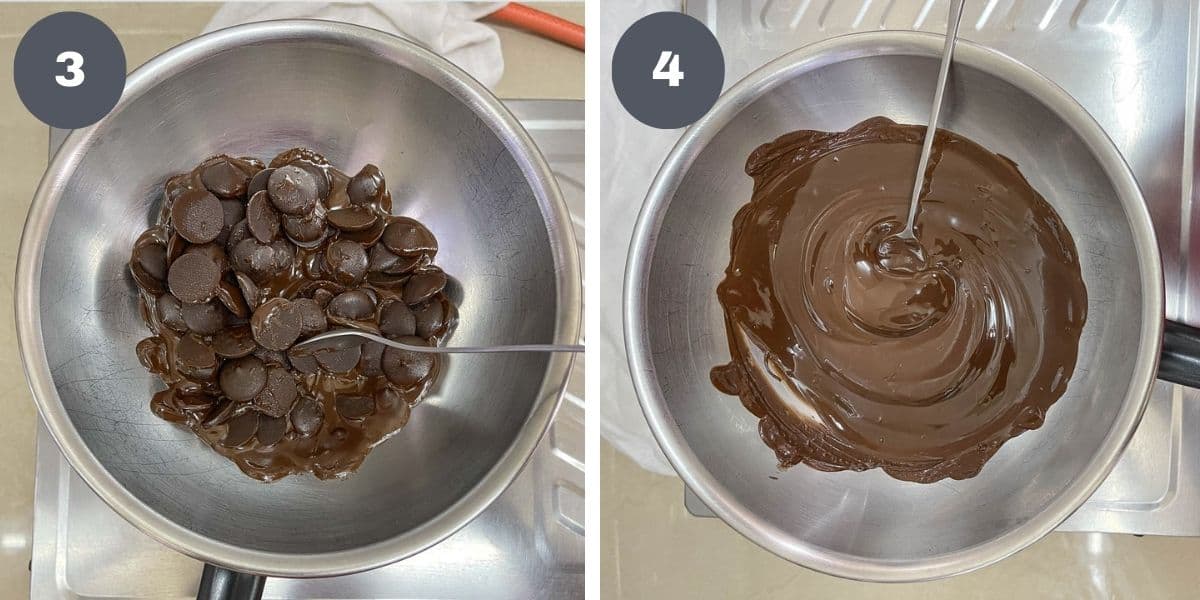 Using spoon to stir melting chocolate and a bowl of melted chocolate.