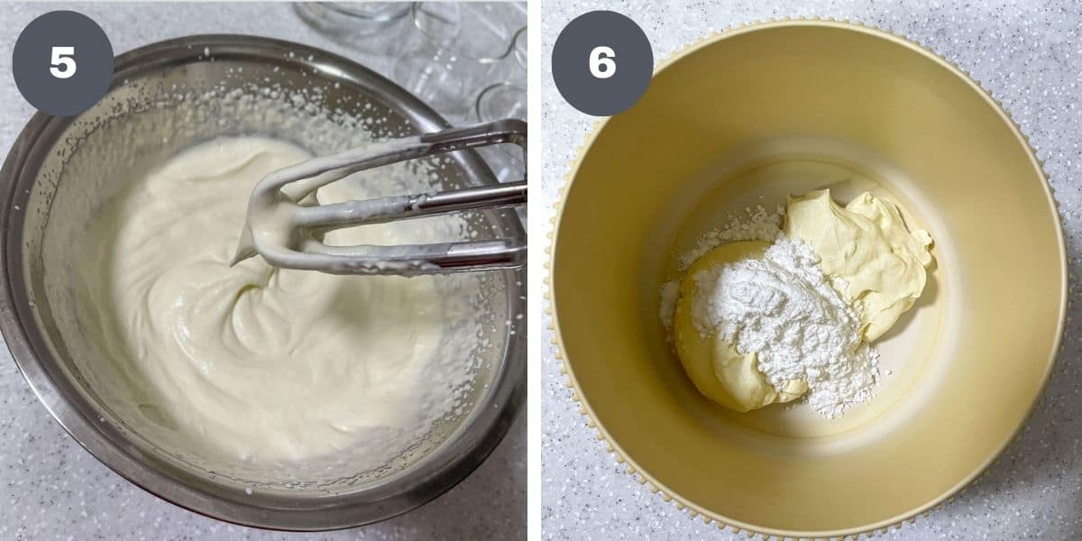 Whipped cream in a bowl, and a bowl of cheese and sugar.