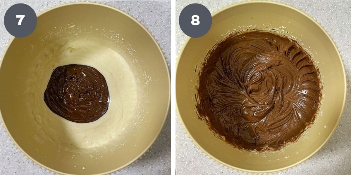 A dallop of chocolate in cheese mixture and a bowl of chocolate mixture.