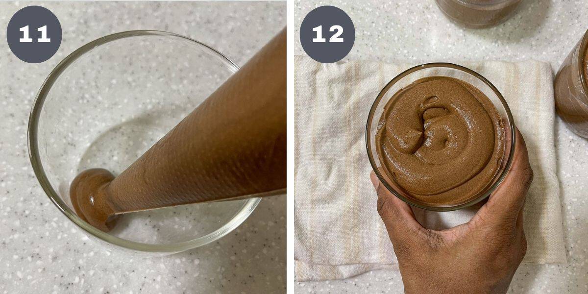 Piping chocolate mousse into a small dessert glass and tapping the glass over kitchen counter.