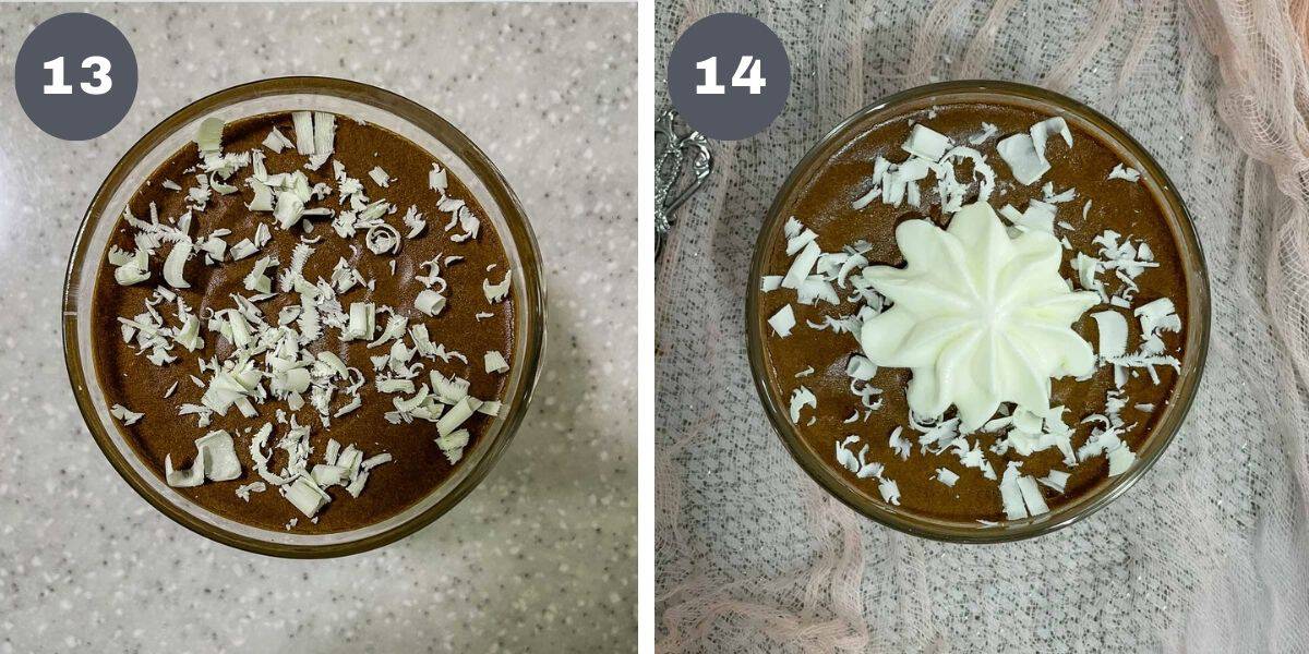 Shaved white chocolate on a cup of chocolate mousse and a cup of chocolate mousse with piped whipped cream and white chocolate shavings.