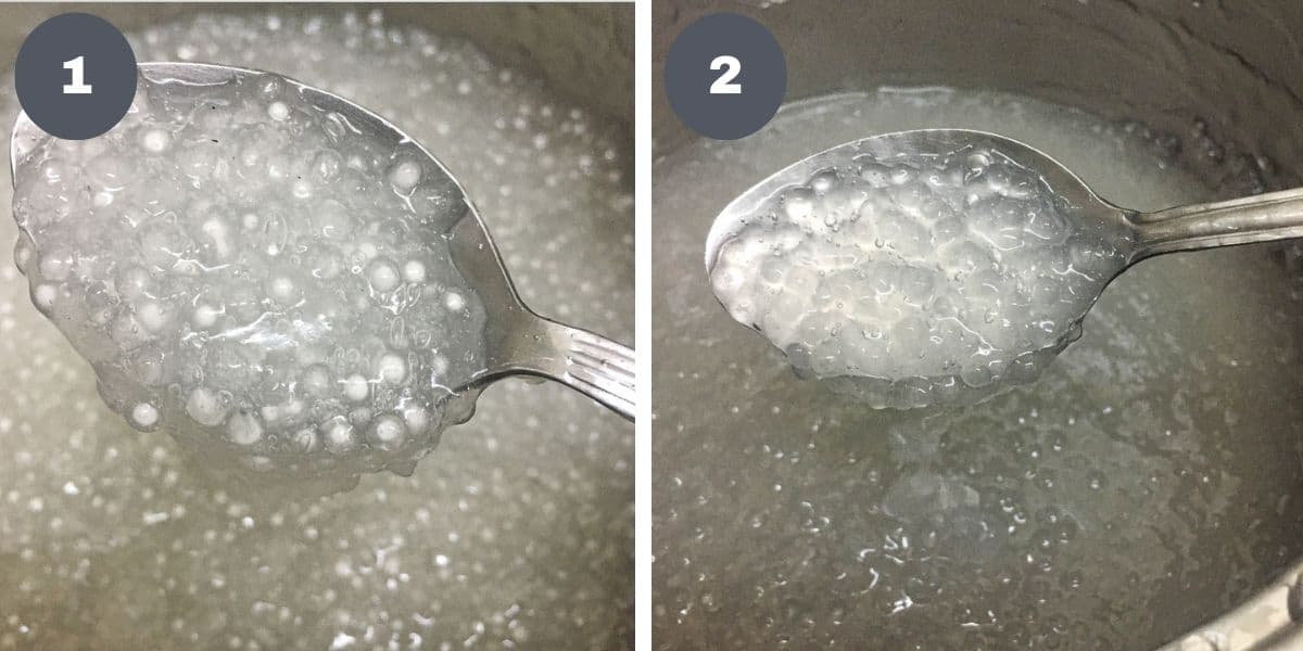 Using a spoon to scoop half cooked sago and fully cooked sago from a saucepan.