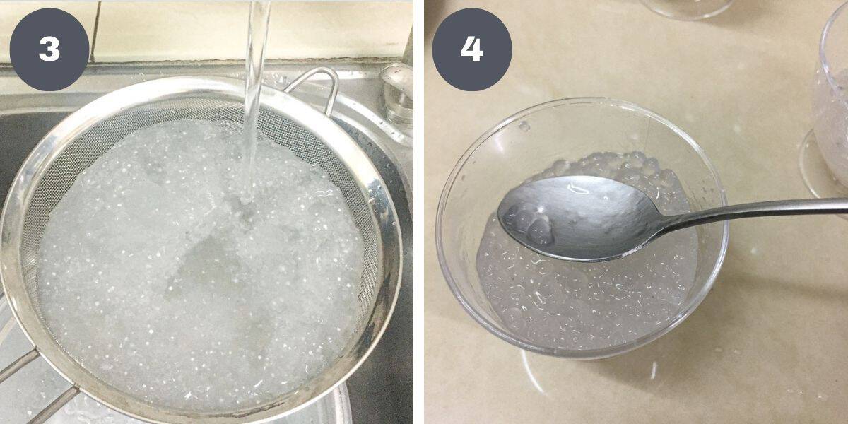 Running cold water through cooked sago in a sieve and cooked sago in a small cup.